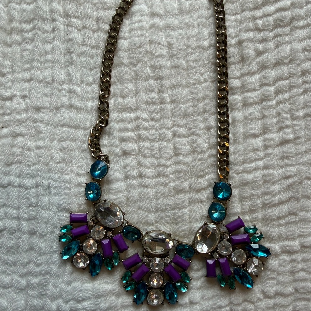 J. Crew Factory Blue, Purple and Clear Crystal Statement Necklace
